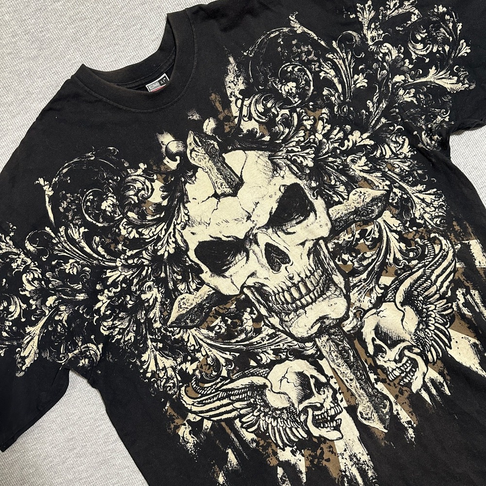 Y2K Skull Baroque Sword Wing Graphic Tee Black All Over Print Mens 2XL Club 21